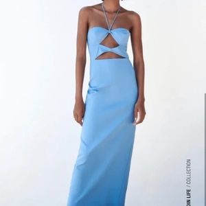 NWT Zara Cutout Halter Midi Dress Maxi Blue Size XS